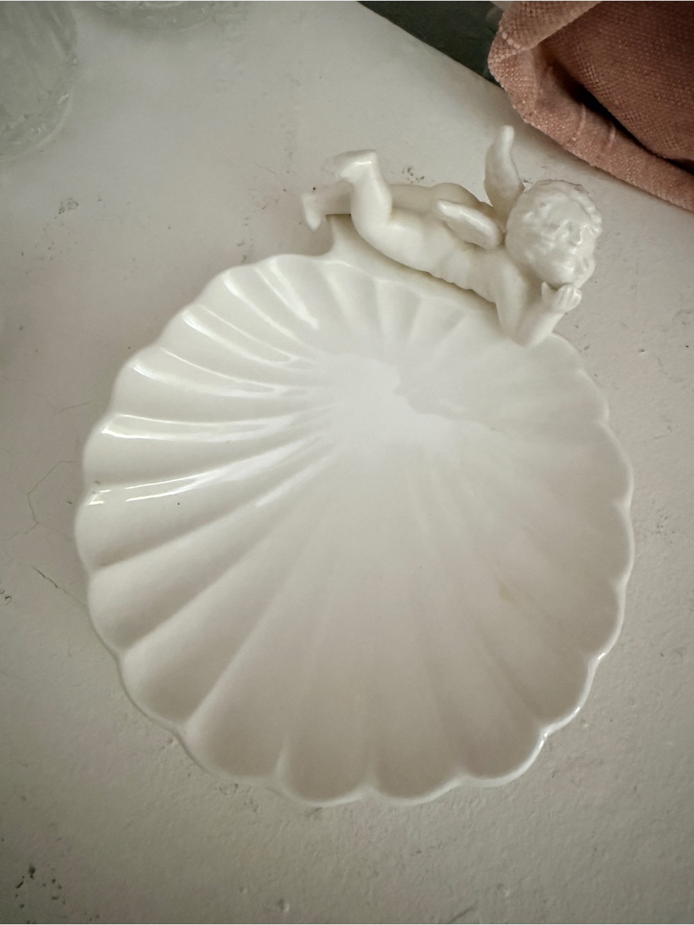 White Ceramic Shell Dish with Cherub Accent - Decorative Catchall